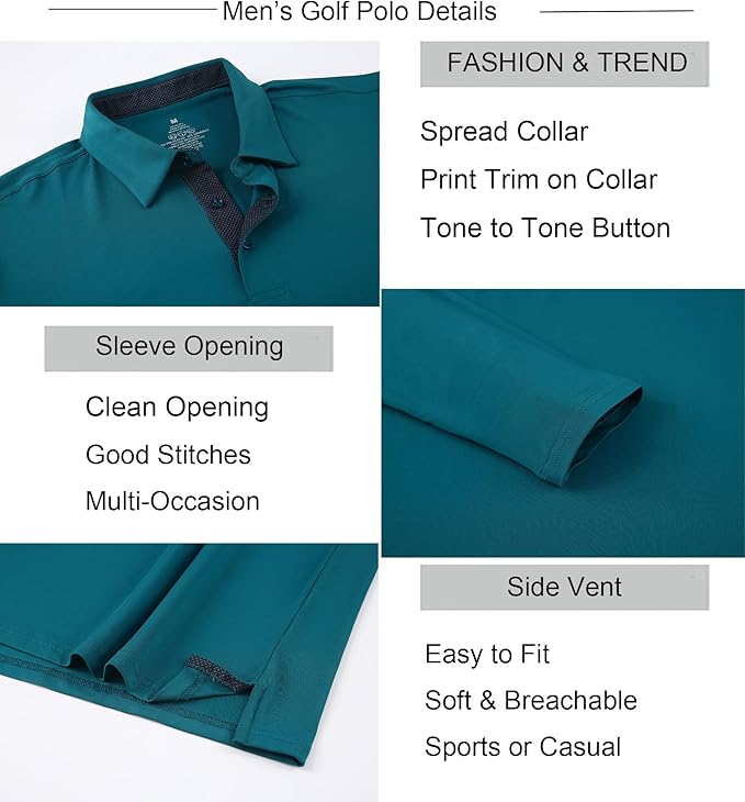 Alex Vando Mens Golf Shirt Moisture Wicking Quick-Dry Solid Long Sleeve Polo Shirts for Men