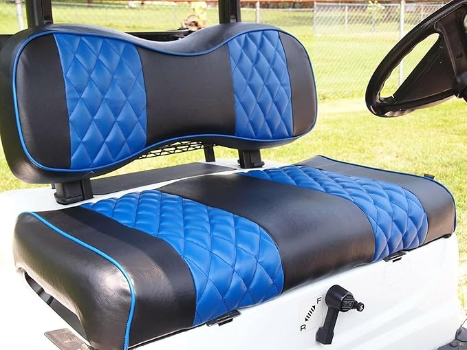 Huskey 2PCS Golf Cart Front Seat Covers for EZGO Medalist/TXT 94-13 Custom Two-Tone Black/Blue Diamond Stitching with Blue Piping, Marine Grade Vinyl Material, Staple on Design