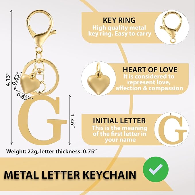 Metal Heart Alphabet Keychain for Women, Girls - Cute Initial Letter Accessories for Purse, Bag Charms and Backpack