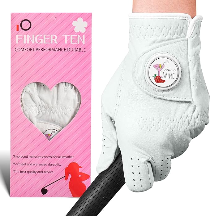 FINGER TEN Golf Gloves Women All Premium Cabretta Leather 1 Pack, Soft Comfortable & Breathable Grip Glove with Ball Marker Left Hand for Right Handed Golfer