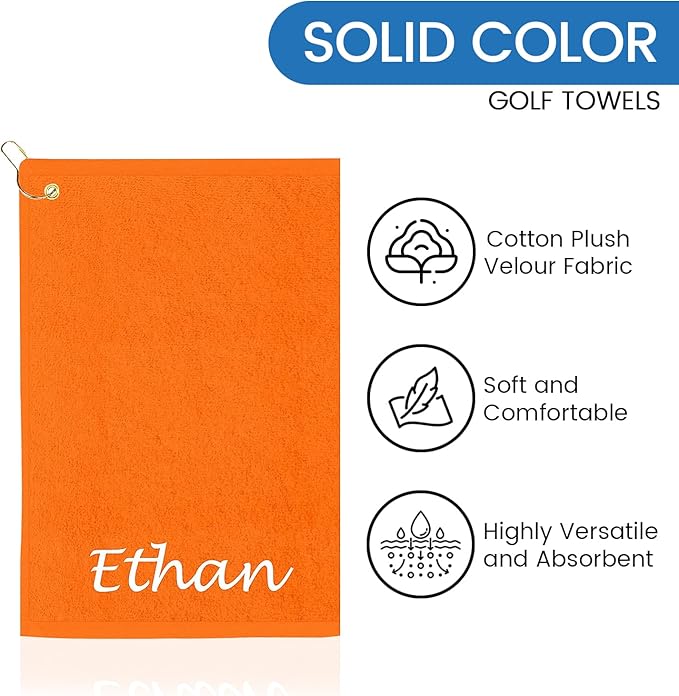 Personalized Passion Golf Towel with Embroidered Name - 16"x26" Custom Golf Towels with Clip - Soft & Highly Absorbent Plush Velour - Easily Wipes Away Sweat and Dirt - Gift for Golfers - Orange