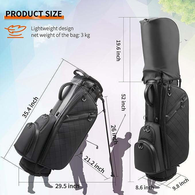 Golf Stand Bag with 14 Way Full Length Dividers, PU Leather Golf Bag for Men, Luxury Lightweight Waterproof Golf Bags with Stand, 6 Pockets & Cooler Pouch, Adjustable Dual Straps, Rain Cover Hood