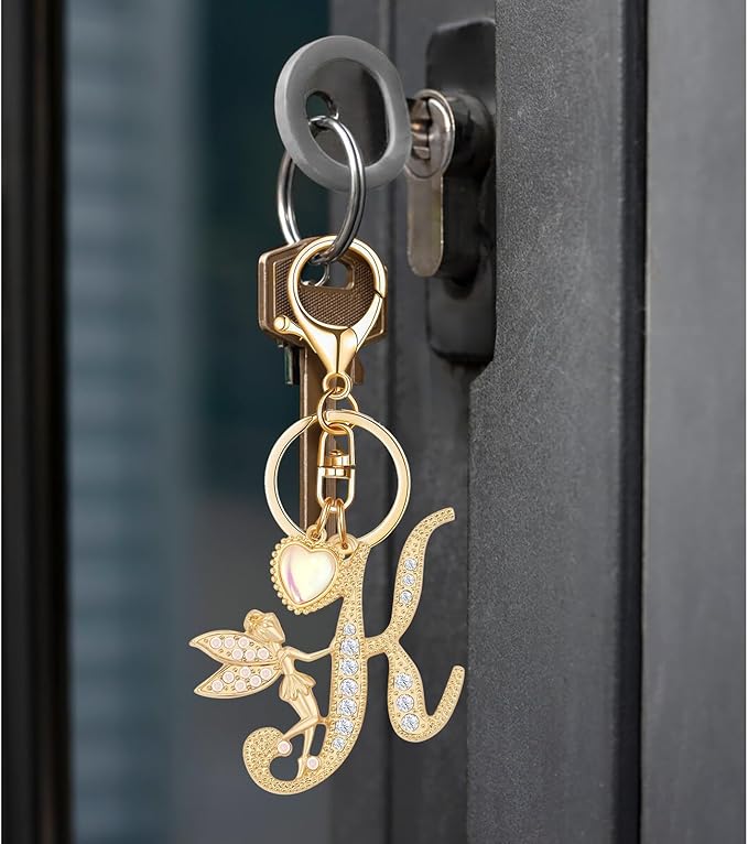 Gold Plated Alphabet Initial Letter Keyring Keychain for Women Girls Crystal Key Chains for Wallet Backpack Bag Charm