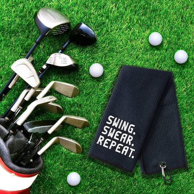 DYJYBMY Swing Swear Repeat Funny Golf Towel, Embroidered Black Golf Towel with Clip, Perfect Golf Birthday Gifts for Husband, Dad, Wife, Mom