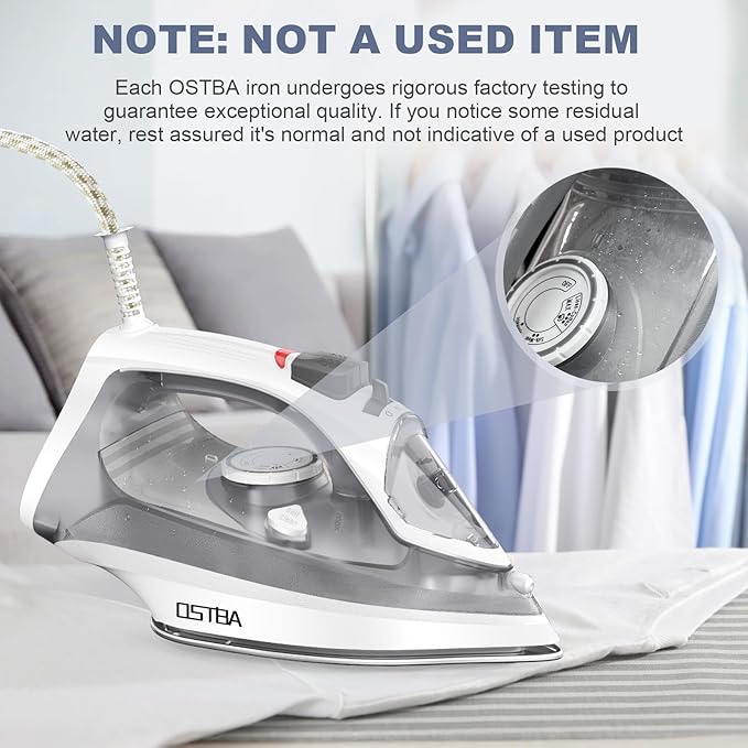 OSTBA 1600W Steam Iron for Clothes with Rapid Heating Nonstick Soleplate, 300ml Water Tank, Precise Thermostat Dial, Self-Cleaning, Anti-limescale, Drip Stop Function Clothes Iron