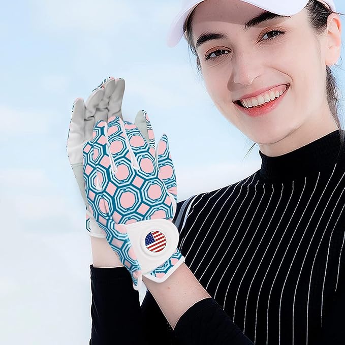 Amy Sport Womens Golf Glove with Ball Marker Rain Left Right Hand Leather Printed Pack, Ladies Golf Gloves All Weather Grip Breathable Soft Size Small Medium Large XL