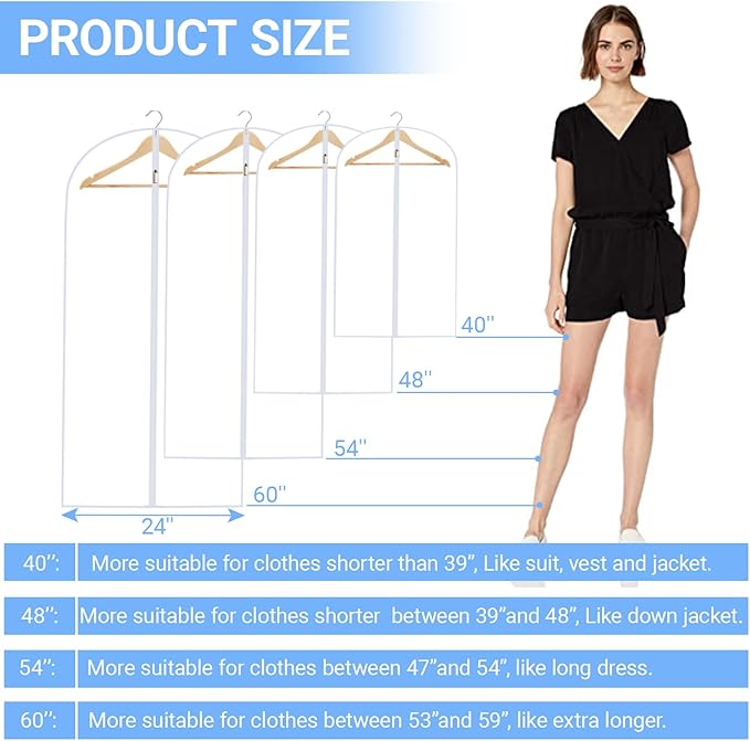 Garment Bags for Hanging Clothes 24'' x 48'' (Set of 12) Coat Covers for Closet Foldable Washable Dress Bags for Hanging Clothes for Long Dress Dance Costumes Suits Gowns Coats