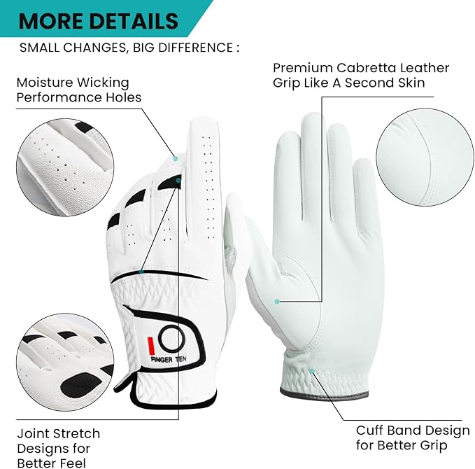 FINGER TEN Golf Gloves Men Right Left Handed Golfer Men’s Golf Glove Left Right Hand Value 3/6 Pack, All Weather Leather Grip Small Medium ML Large XL Size
