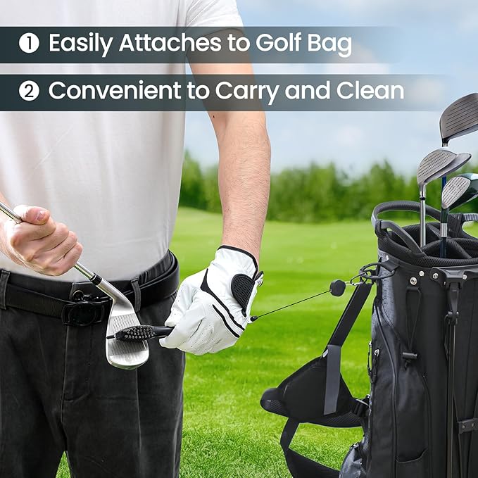 Golf Club Brush and Club Groove Cleaner with Retractable Zip-line and Aluminum Carabiner Cleaning Tools