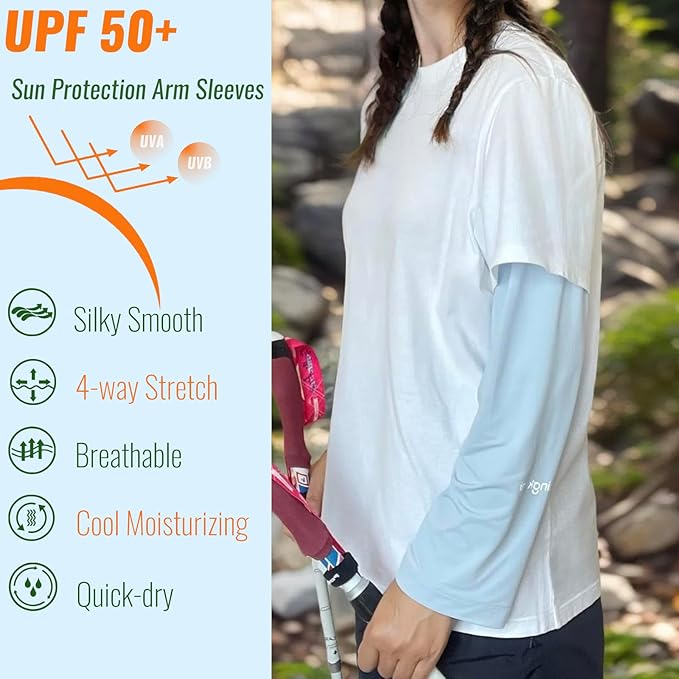 UPF 50+ Sun Protection Arm Sleeves Elastic band Adjustable Cuff Loose Fit Non-Sticky Airflow Friendly Outdoor