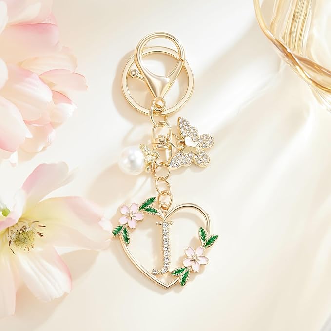 Gold Heart Initial Letter Keychain for Women Key chain Keyring for Purse Handbags Backpack Charm
