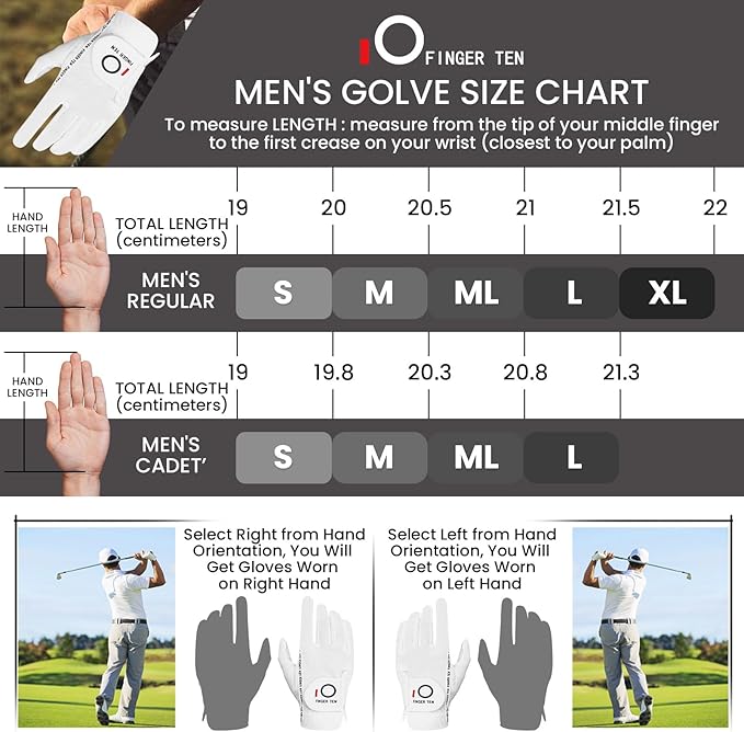 FINGER TEN Men's Golf Gloves for Right Left Handed Golfer Rain Grip Value 2 Pack, Golf Glove for Left or Right Hand Hot Wet Weather No Sweat Black Gray White Blue