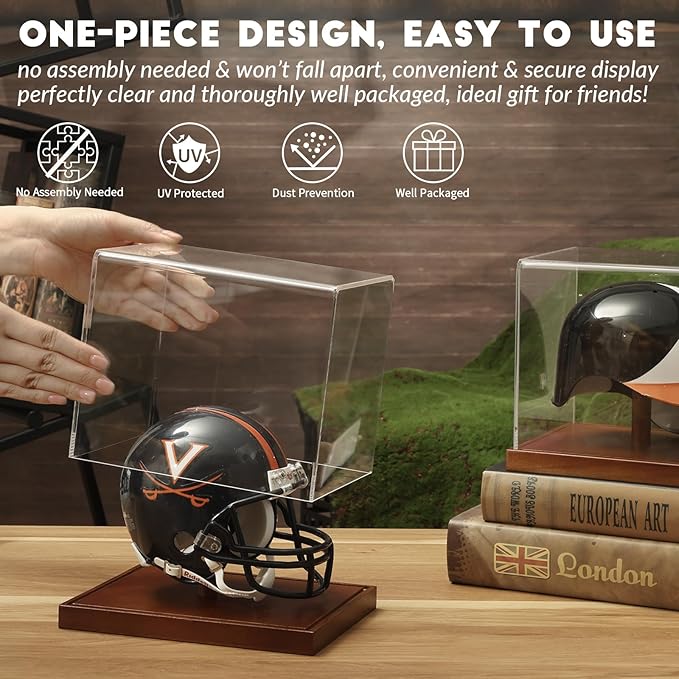 JupDec Mini Helmet Display Case, Acrylic Clear 1/2 Football Helmet Showcase, UV Protection Souvenirs and Collectibles Box with Solid Wood Base & Riser, Ideal Gift for Sports Enthusiast, 2 Pack