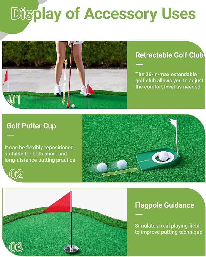 Golf Putting Green Mat-10x4.8Ft Professional Large Practice Putting Mat with 3 Flags 1 Movable Cup 1 Golf Club 3 Balls for Indoor and Outdoor Party GameTraining Mat