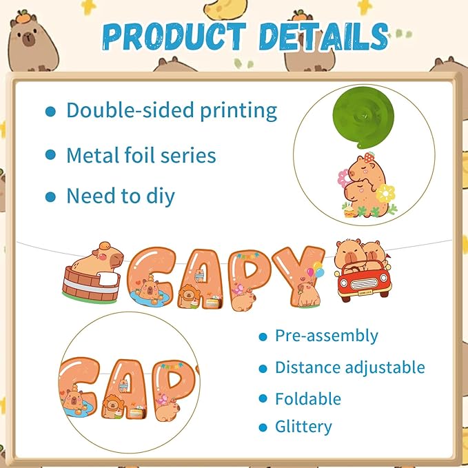 Capybara Birthday Party Decorations - 14PCS Capybara Banners with Hanging Swirls Bday Decoration Cute Capy Animals Honeycomb centerpieces Decor Supplies