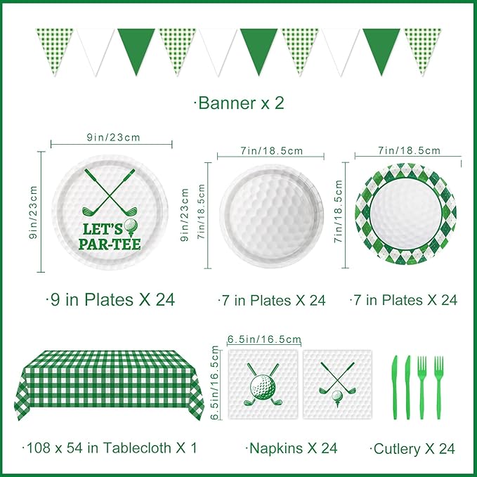 Golf Party Decorations Include Plates, Napkins, Forks, Banner, Tablecloth — Sports Birthday or Baby Shower Golf Birthday Decorations, Serves 24