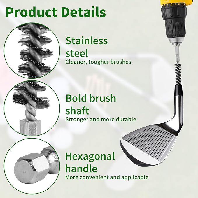 4 PCS Golf Club Cleaning Brush Set - Stainless Steel Golf Clubs Head & Hosel Brush with 1/4" Hex Shank Brass Hosel Wire Brush - Electric Drill Wire Brush Tool for Deep Cleaning Wood and Iron Debris