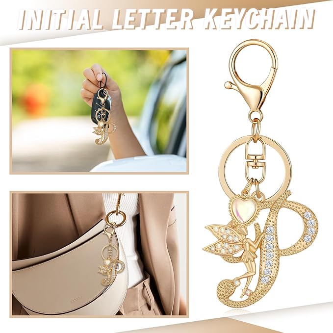 Gold Plated Alphabet Initial Letter Keyring Keychain for Women Girls Crystal Key Chains for Wallet Backpack Bag Charm