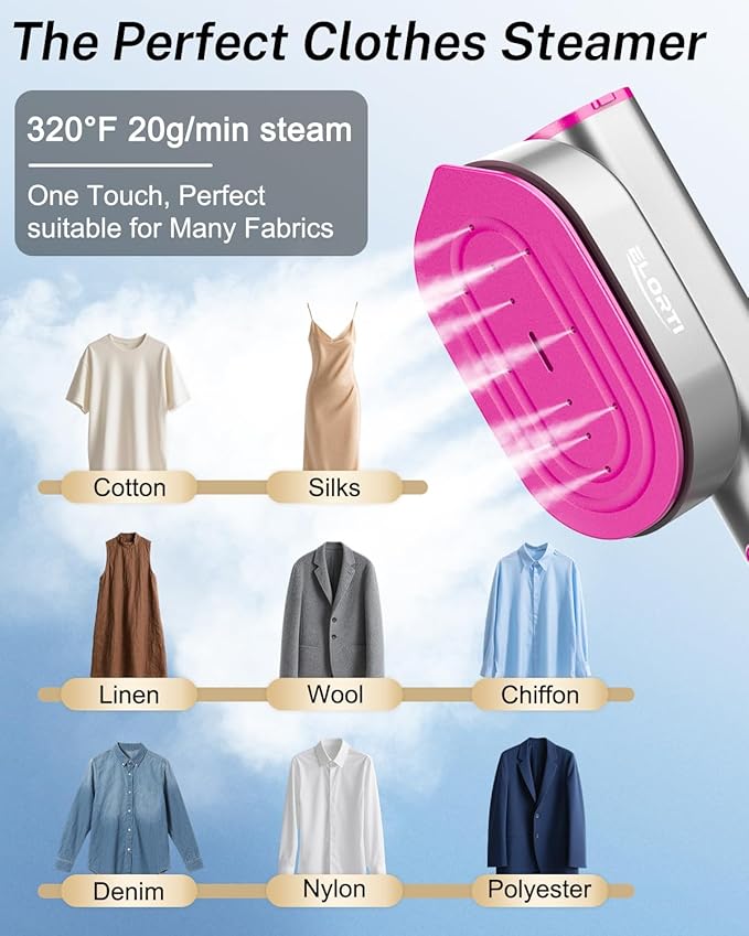 Steamer for Clothes ELORTI, Travel Clothes Steamer Handheld Portable Mini Small, 2-in-1 iron with 10s Fast Heat-Up, Rotatable Head 1200W, 110-120V, Office & Home, purple