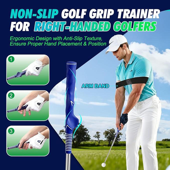 Retractable Golf Swing Training Aid, Right-Handed Golf Swing Trainer with Click Feedback, Tempo Stick Golf to Improve Strength & Tempo with Arm Band, Ideal for Beginners, Indoor & Outdoor Use
