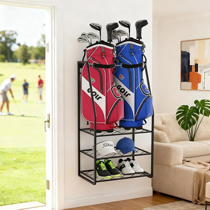 Wall Mount Golf Bag Organizer for Garage, Heavy Duty Golf Storage Rack Holds 2 Bags, Freestanding Golf Bag Stand and Accessories Holder for Home & Shed