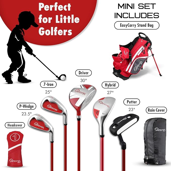 Shorties Golf - Kids Golf Club Set | Perfect for Toddler Golfers and Kids 34"-38" Tall | EasyCarry Stand Bag | Driver, 7-Iron, Putter, Headcover, and Rain Cover