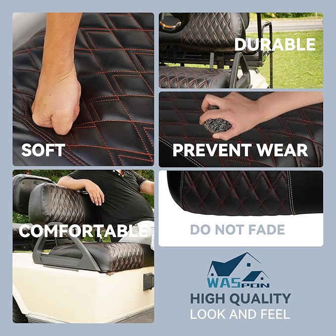 Golf Cart Vinyl Replacement Seat Covers fits Club Car DS 2000.5+, Diamond Front Seat Cover Black Stitching Durable Breathable & Easy to Clean