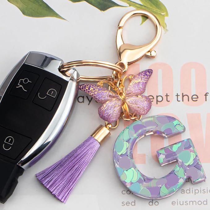 Suweibuke Colourful Cute Initial Letter Keychains for Women Girls with Tassel Butterfly, Charm for Purse Handbags Backpacks