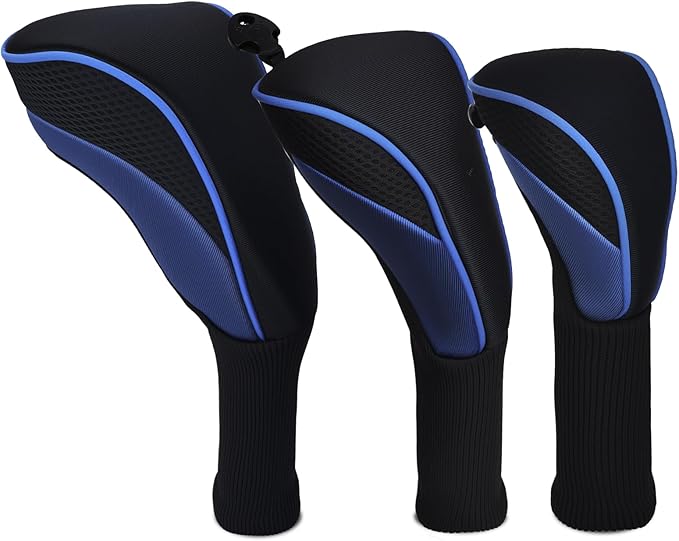 Golf Club Head Covers Set (3 Pieces) for Fairway Woods, Driver, and Hybrids - Long Neck Mesh Design with Interchangeable 3/4/5/6/7/X Number Tags - Golf Accessories for Men and Women (Black and Blue)