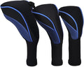 Golf Club Head Covers Set (3 Pieces) for Fairway Woods, Driver, and Hybrids - Long Neck Mesh Design with Interchangeable 3/4/5/6/7/X Number Tags - Golf Accessories for Men and Women (Black and Blue)