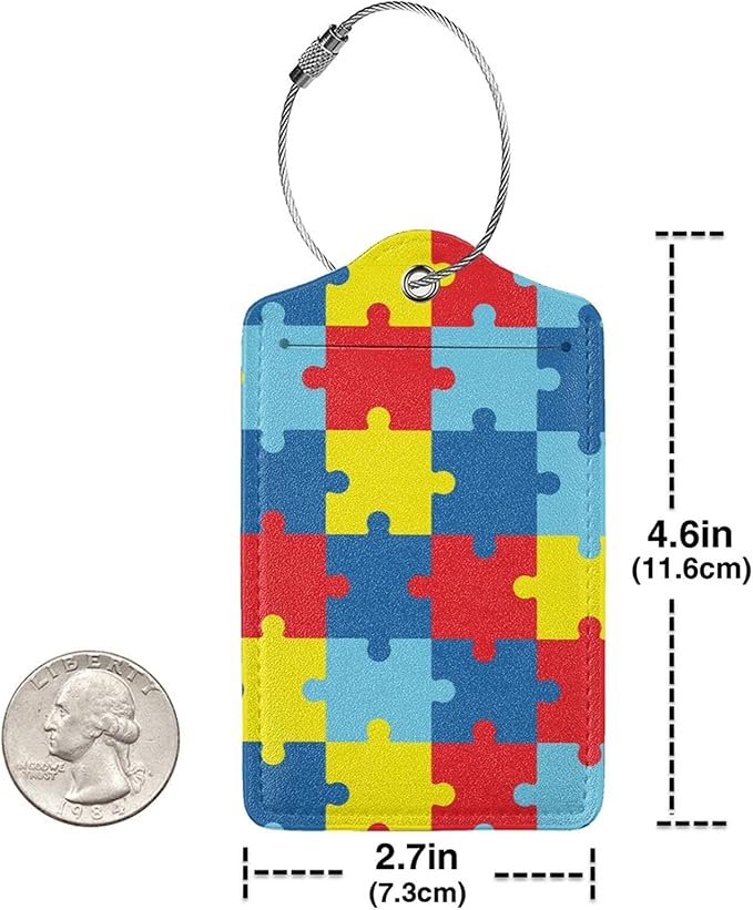 Autism Awareness Puzzles 2 Pcs Luggage Tags, Privacy Cover Id Label with Stainless Steel Loop and Address Card for Suitcases & Travel Bags