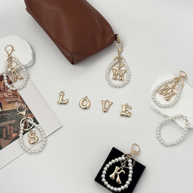 Gold Bubble Heart, Cherry, Bow & More Designs Letter Initial Keychain Bag Charms – Cute Purse Charms for Handbags