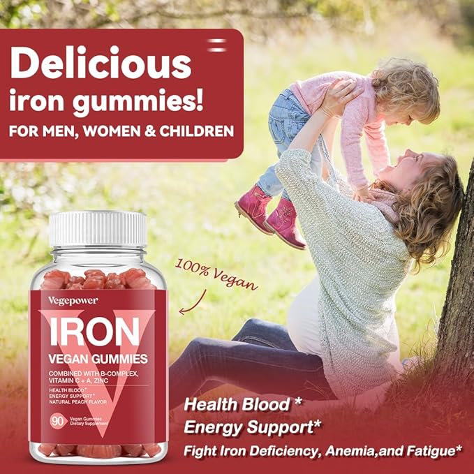 Vegan Iron Gummies Supplement - Multivitamin Supplement with Vitamin C, A, B & Zinc - Health Blood & Energy Support for Iron Deficiency, Anemia, No After Taste - Peach Flavor（2 Packs）
