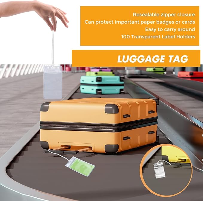 100 Pieces Clear Plastic ID Card, Luggage Bag and Badge Label Holders with 100 Pack Luggage Tag Loop Straps for Office, Business and Travel Supplies