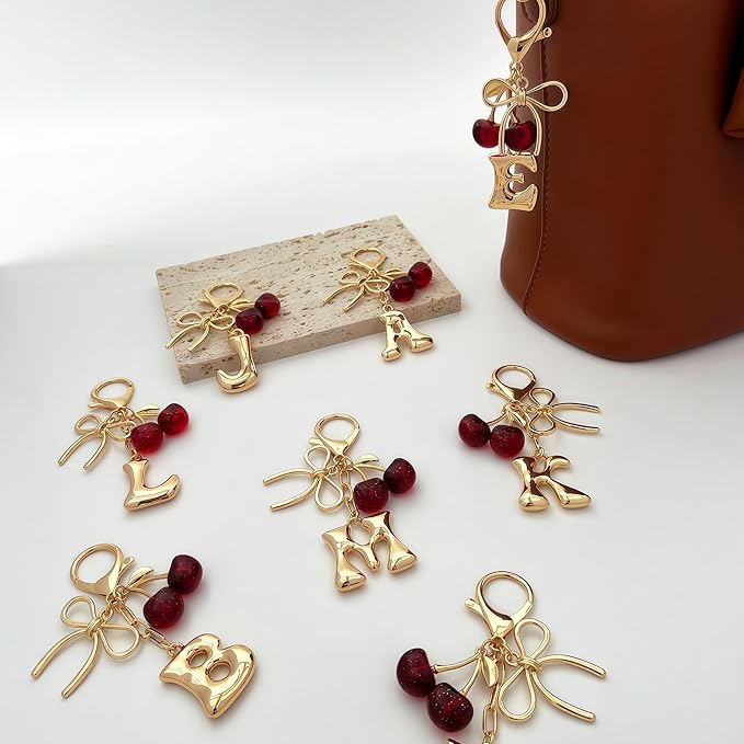 Gold Bubble Heart, Cherry, Bow & More Designs Letter Initial Keychain Bag Charms – Cute Purse Charms for Handbags