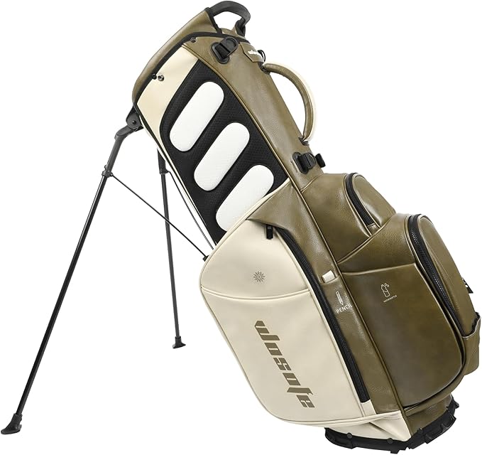 Lightweight 14-Way Golf Stand Bag, PU Leather Golf Bag Waterproof Men Women Full Length Top Dividers, Multiple 8 Pockets Cooler Pouch Adjustable Detachable Shoulder Dual Straps Rain Cover Hood