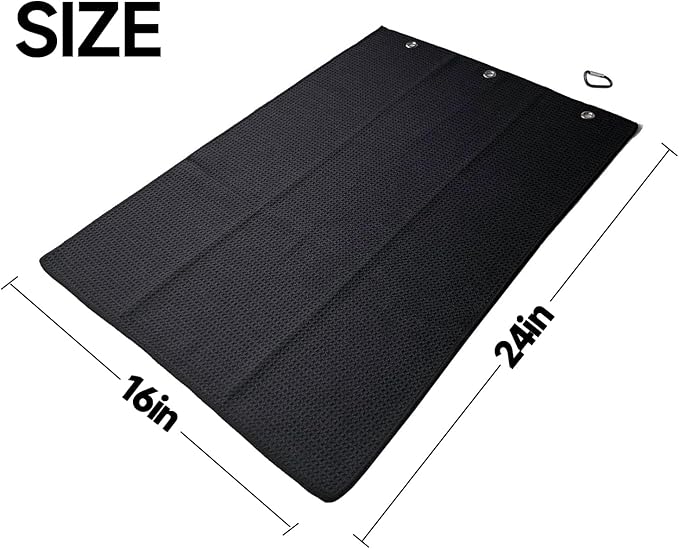VIVIDLY 2 Pack 16" x 24" Tri-fold Golf Towels, Premium Microfiber Fabric Waffle Pattern with Black Heavy Duty Carabiner Clip, Golf Towels for Golf Bags for Men (Black)
