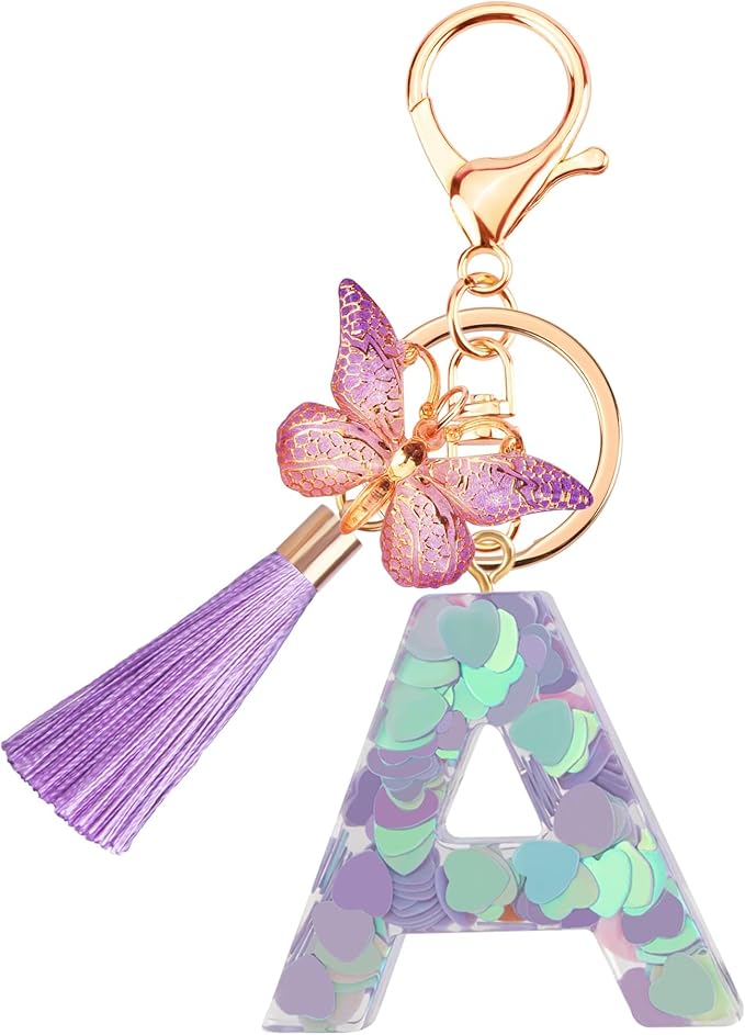 Suweibuke Colourful Cute Initial Letter Keychains for Women Girls with Tassel Butterfly, Charm for Purse Handbags Backpacks
