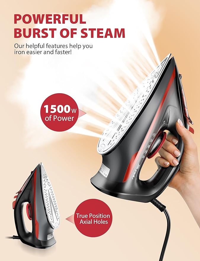 Steam Iron for Clothes 15s Fast Heat-up, 1500W Iron with 13.21oz Water Tank, Non-Stick Ceramic Soleplate, Anti-Drip, Auto-Off, Burst Steam, Self-Cleaning, Ironing Clothes for Home