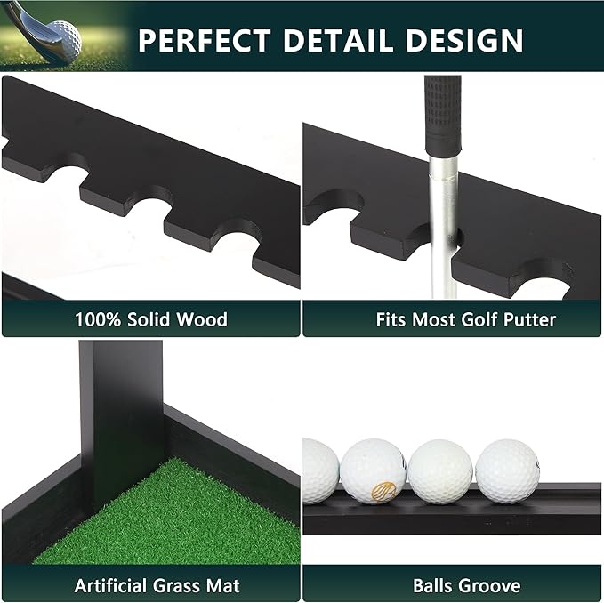Golf Putter Stand, Golf Club Holder Stand Floor Display Rack - Holds 8 Clubs & 12 Balls with Artificial Grass Base, Wood Outdoor Golf Club Organizer for Indoor, Home, Office, Golf Club, Black