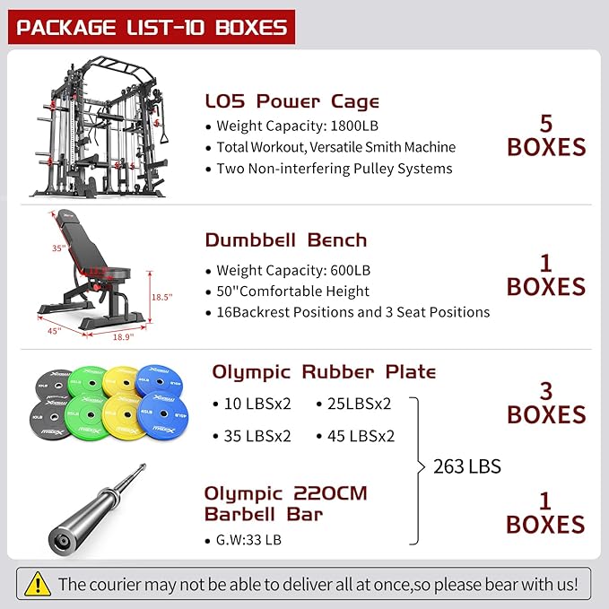 Smith Machine，Multi-Function Squat Rack Power Cage with Cable Crossover System,with Optional Weight Bench, Olympic Barbell Weight Set, for Home Gym