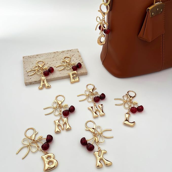 Gold Bubble Heart, Cherry, Bow & More Designs Letter Initial Keychain Bag Charms – Cute Purse Charms for Handbags