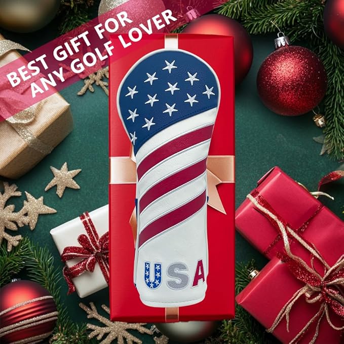Golf American Style Head Cover Golf Club Blue and White Leather Headcovers Set Fits Driver Fairway Wood Hybrid Utility Putter Iron Wedge Headcover.