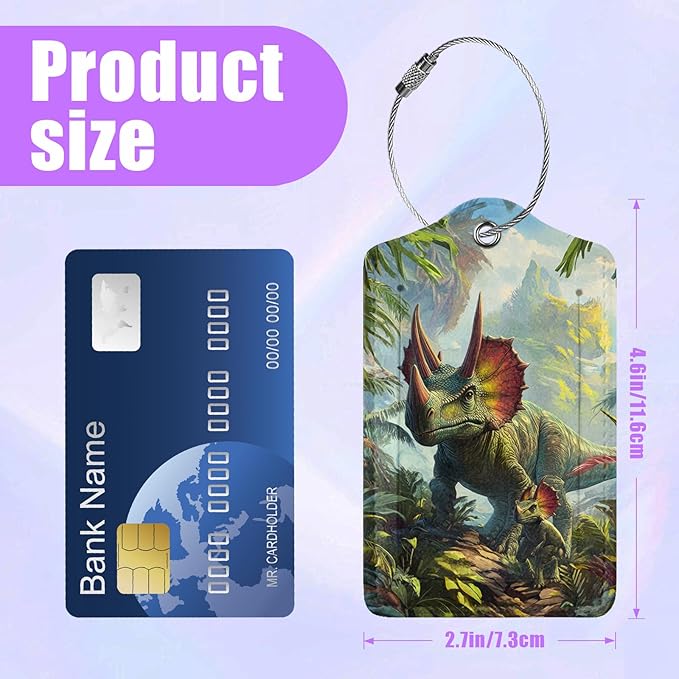 3 Pack Dinosaur Forest Luggage Tags for Suitcase Animal PU Leather Travel Luggage Tag Privacy Cover ID Label for Women Men Baggage Backpack Handbag School Bag