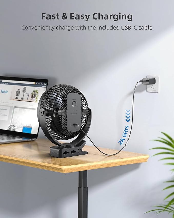 Koonie 10000mAh Clip on Fan Rechargeable, 8-Inch Battery Operated Desk Fan, USB Fan with 4 Speeds, Strong Airflow Sturdy Clamp for Golf Cart Office Desk Outdoor Travel Camping Tent Gym Treadmill,Black