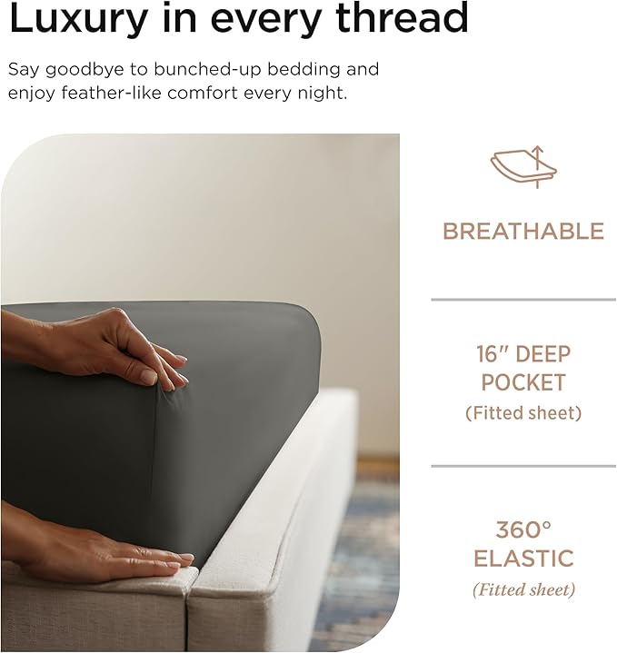 Threadmill Luxury 800 Thread Count 100% Cotton Sheets - Dark Grey Sateen Weave Twin Size Bed-Sheets, Better Than Egyptian Cotton,3 Pc Solid Soft Bedding Set, Fits 15" Deep Pocket
