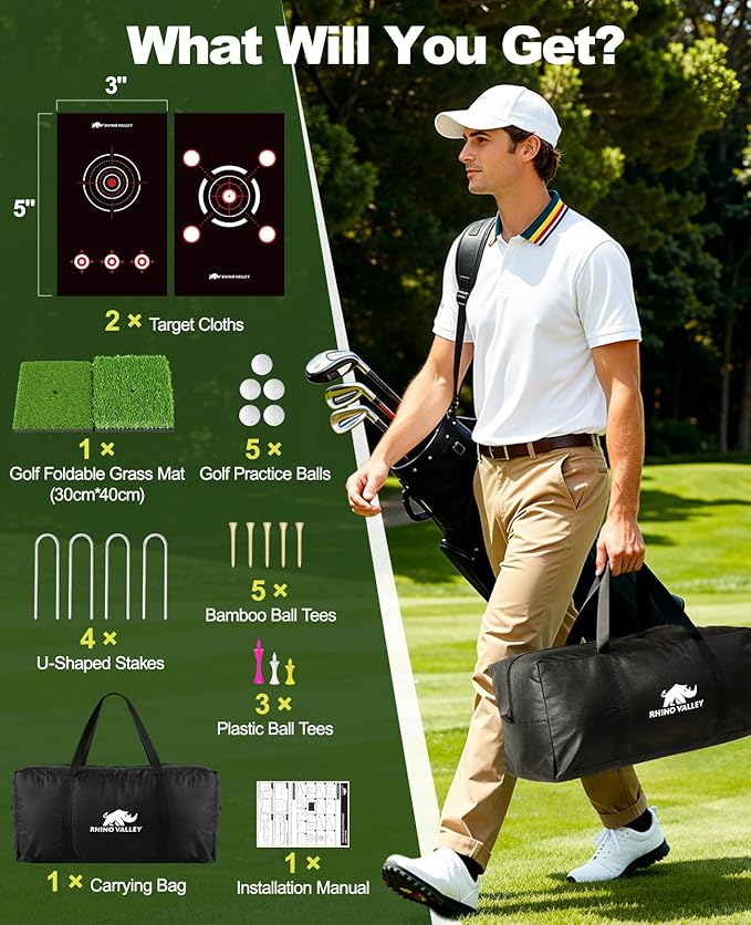 Golf Net, 10×7ft Heavy Duty Golf Hitting Nets with Mat Targets Tees Balls Carry Bag, Golf Practice Equipment Net for Indoor/Outdoor Backyard Driving Chipping Swing Training, Gifts for Men Golfer