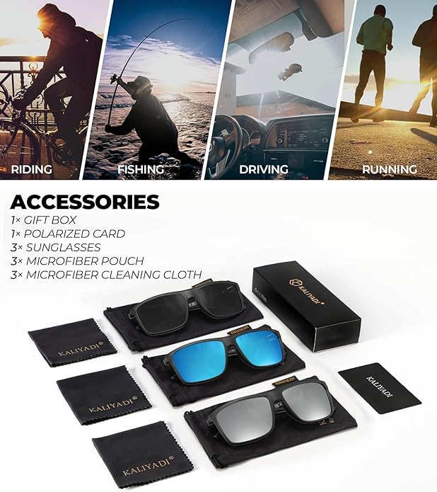 KALIYADI Polarized Sunglasses for Men and Women, Mens Sun Glasses with UV Protection for Driving Fishing Golf (3 Packs)