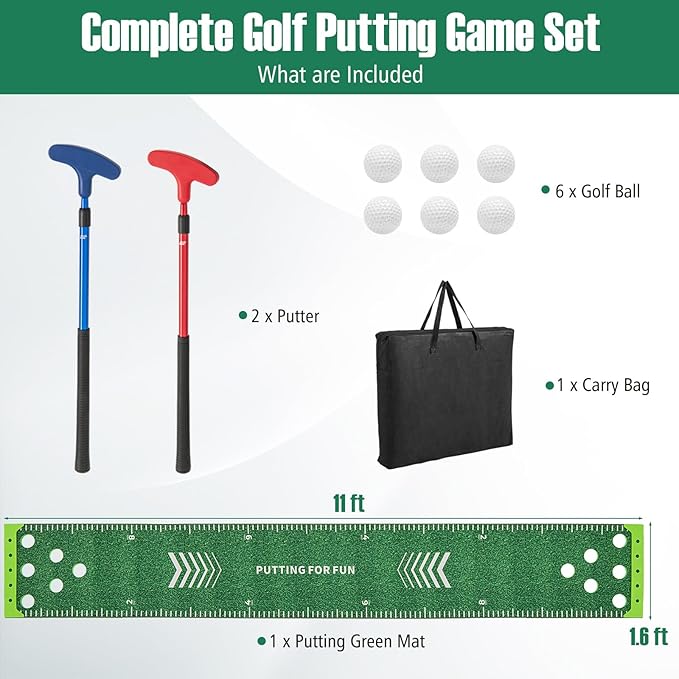 ULTIMATE Golf Game Set, Indoor Outdoor 11FT Putting Green Mat w/ 2 Adjustable Putters, 6 Balls & 12 Hole Covers, Golf Pratice Training Mat for Party, Backyard, Home and Office