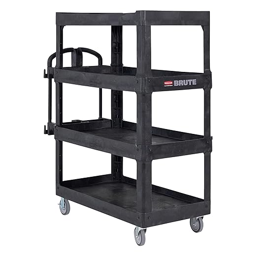 New Rubbermaid Commercial Products 4-Shelf Utility/Service Quad Cart, Heavy Duty Large, Lipped Shelf, Ergonomic Handle, 700 lbs. Capacity, for Warehouse/Garage/Cleaning/Manufacturing (2128657) Black